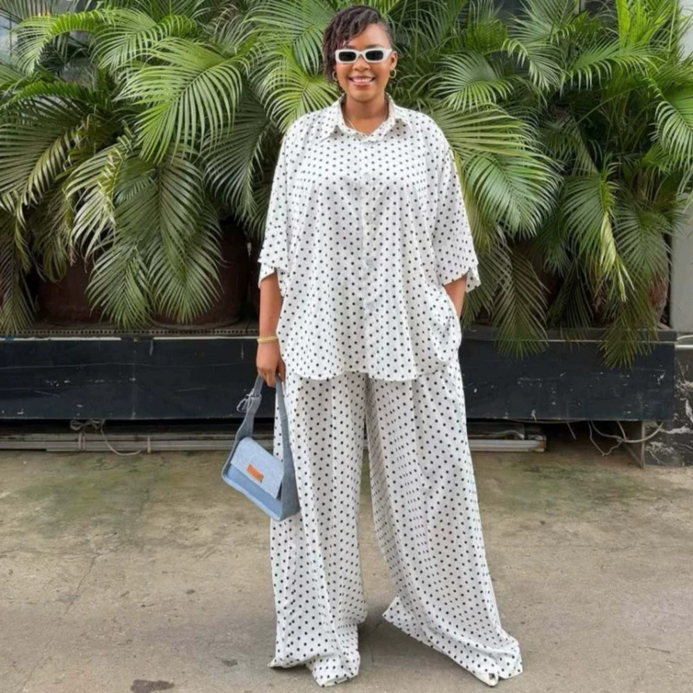 ZARA Plus Size Polka Dot Print Casual Shirt Pants Set African Fashion